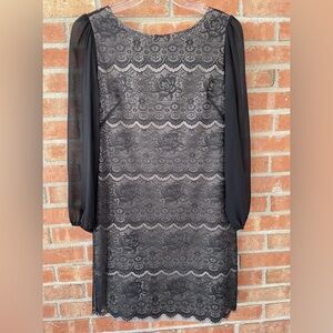 Chic Black Cocktail Dress Black Lace Overlay Long Sleeve Sheer Sz 12 Evan Picone